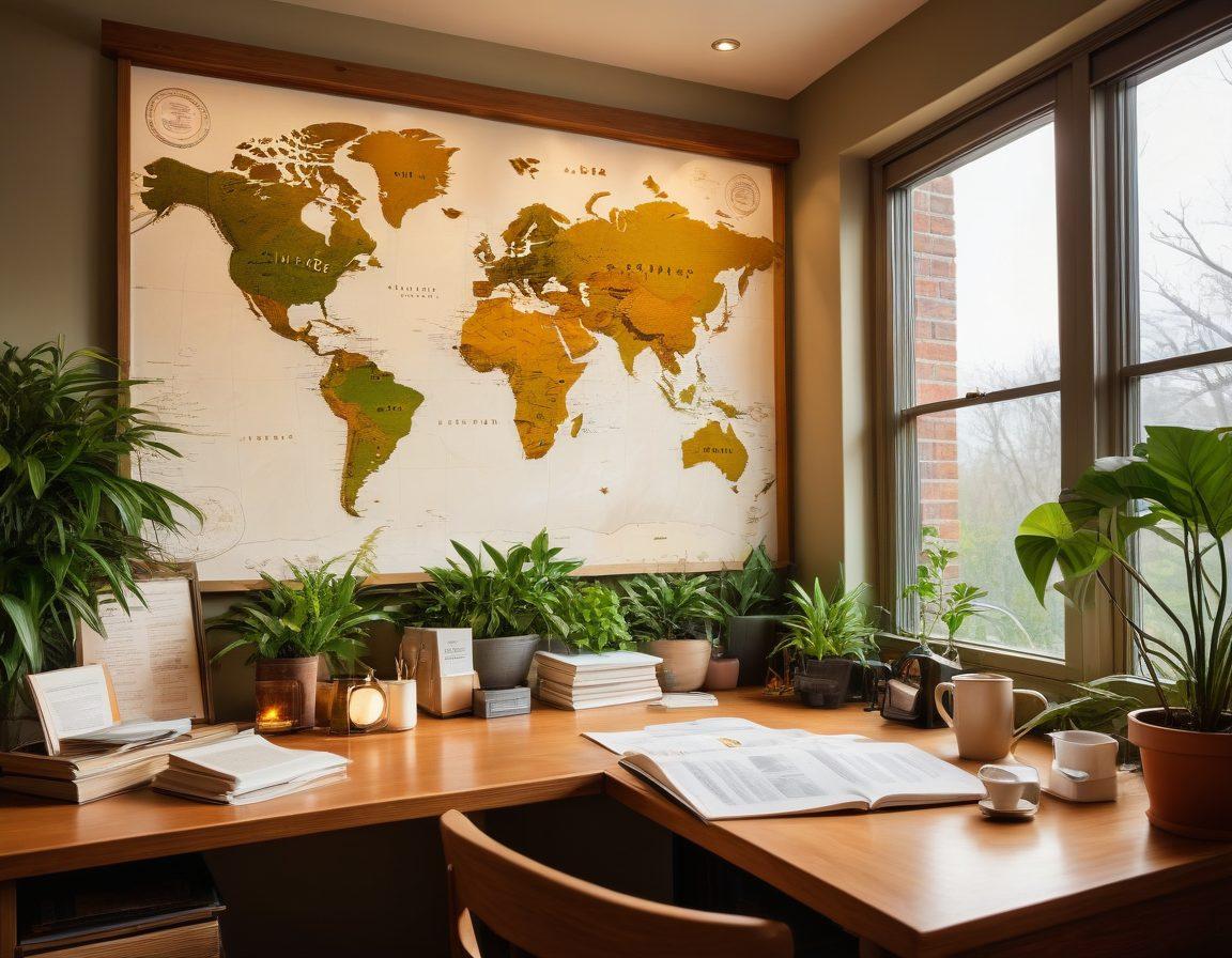 A serene and cozy workspace with soft lighting, featuring an INFP individual thoughtfully reviewing insurance documents and sipping tea. Include visual elements like books on emotional well-being and financial security, surrounded by plants for a calming atmosphere. A world map pinned with insurance companies' logos in the background. super-realistic. warm tones. inviting ambiance.