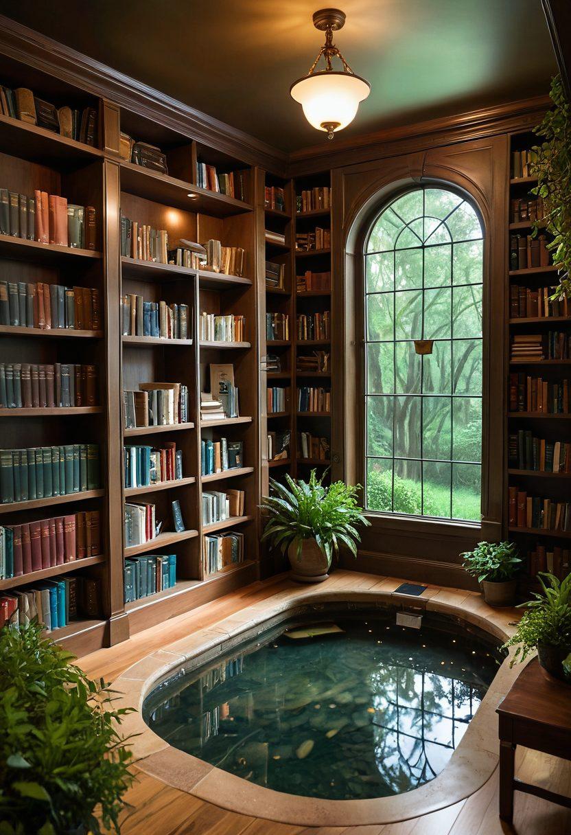 An inviting, serene landscape representing an INFP's inner world: a cozy library filled with books and soft lighting, surrounded by lush greenery and gentle flowing water. Elements like a compass and heart-shaped symbols subtly incorporated to depict values and guidance in insurance choices. The atmosphere is warm and thoughtful, encouraging exploration of personalized plans. super-realistic. vibrant colors. peaceful ambiance.