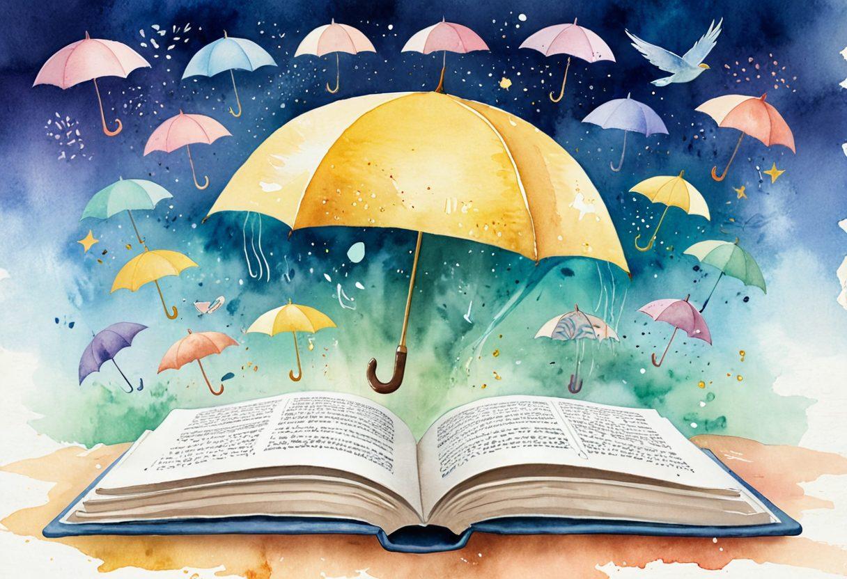 An abstract representation of an INFP personality contemplating various insurance policies, visually depicted as an open book with pages flying out, each representing different policy options. Include symbols of protection like shields and umbrellas around them, with soft, dreamy colors to reflect the INFP's introspective nature. The background should be whimsical and serene, evoking a sense of calm and clarity. watercolors. soft pastels.